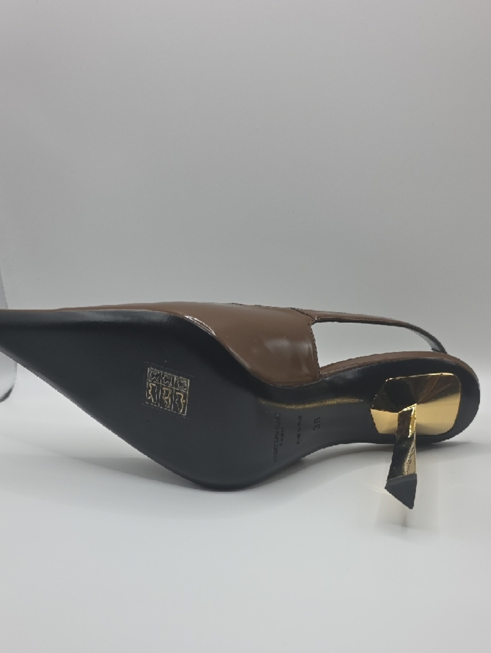 Saint Laurent Brown Patent Leather Slingback Heels with Gold Accent - Picture 10 of 16